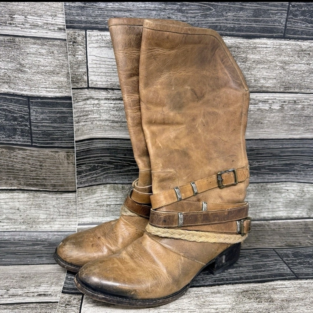 Freebird By Steven Drove Tan Leather Buckle Rope Strap Riding Western Boots 10
